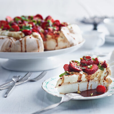 Rosewater Pavlova with Balsamic Strawberries and Pistachios