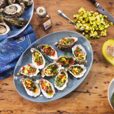 Balsamic Oysters with Avocado and Prosciutto Flakes