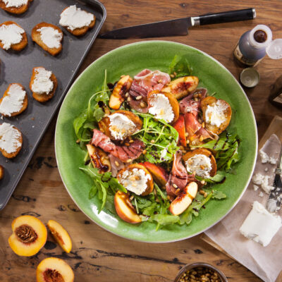 Prosciutto, Peach and Rocket Salad with Goats Cheese Croûtes