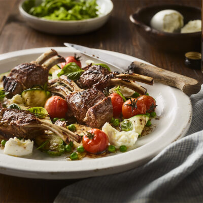 Balsamic Lamb with Cherry Tomatoes, Peas and Buffalo Mozzarella