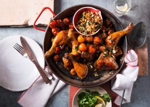 Golden roasted smoked paprika chicken drizzled with Moro Olive Oil, served with a toasted hazelnut picada — a healthy recipe made with Mediterranean Olive Oil