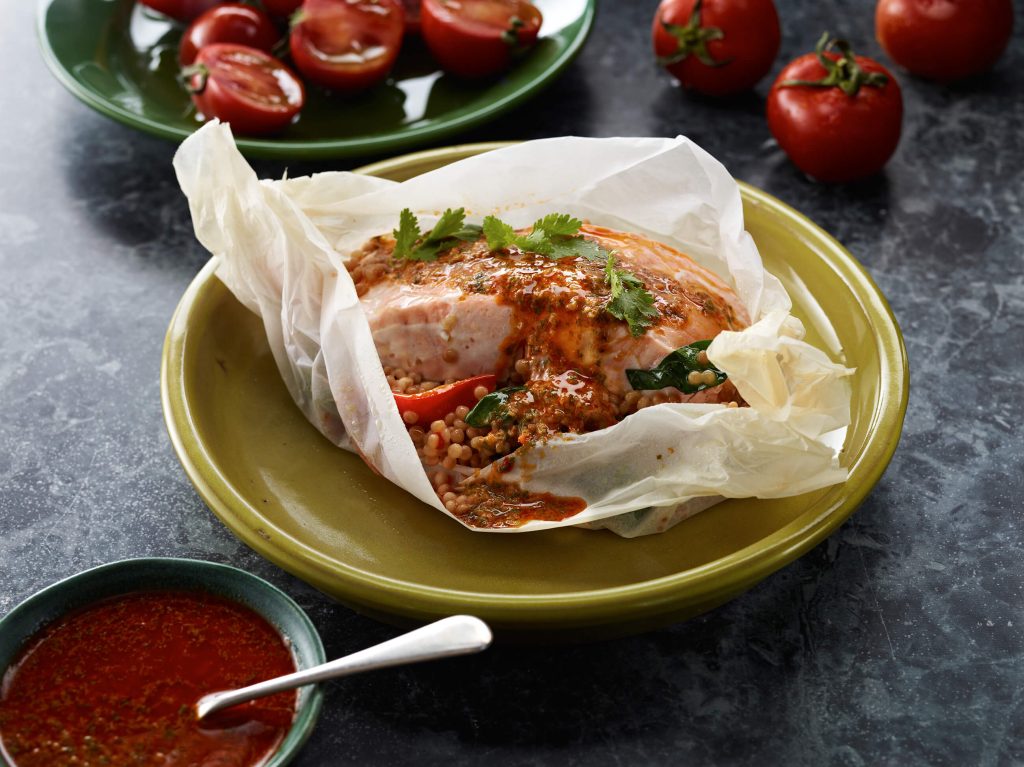 Chermoula Fish Parcels with Spinach & Roast Capsicum Pearl Couscous - Moro Olive Oil