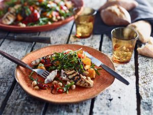 Grilled chicken with roast pumpkin and chickpeas, drizzled with Mediterranean olive oil for a healthy recipe full of flavour.