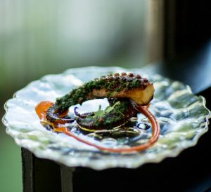 Grilled octopus served with gremolata and red mojo sauce made with Moro sherry vinegar, drizzled with Moro Frutal Extra Virgin Olive Oil