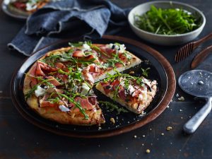 Mediterranean pizzas topped with mozzarella, prosciutto and rocket, finished with premium olive oil for authentic olive oil flavours.