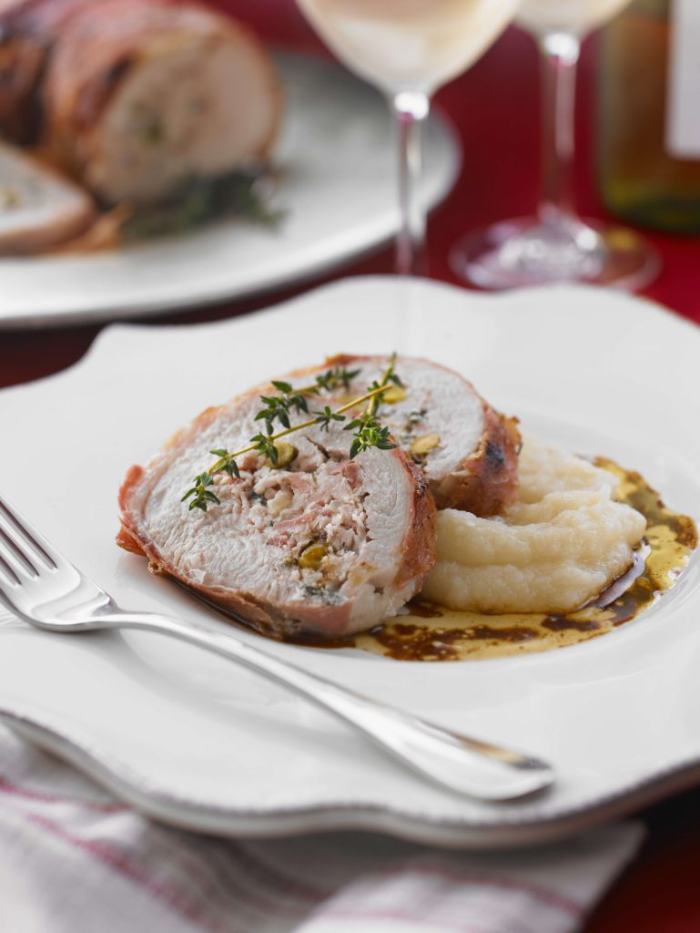 Rolled Prosciutto & Pistachio Turkey Fillet with Pear & Parsnip Puree - Moro Olive Oil