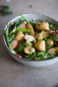 Fresh potato salad tossed with European Olive Oil and a splash of sherry vinegar for Mediterranean olive oil flavours and expert taste.