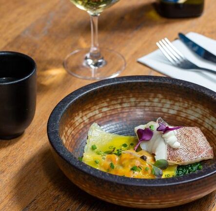 Steamed coral trout served with chorizo dumpling and lemon yoghurt, drizzled with Moro Frutal extra virgin olive oil